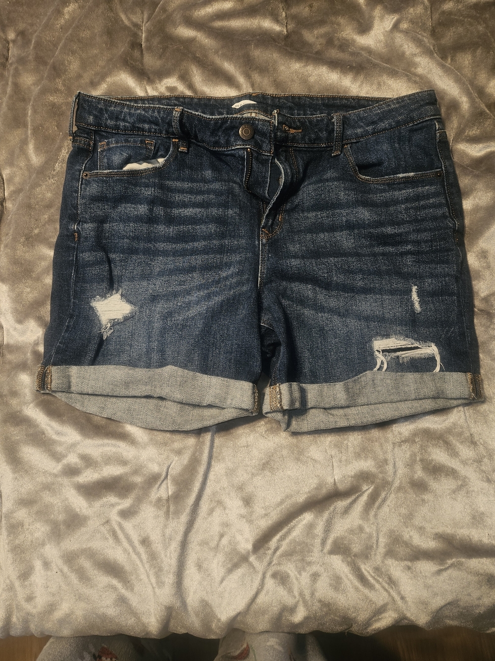 Women's Dark Blue Distressed Denim Roll-Cuff Shorts